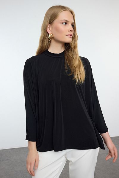 Trendyol Collection Elastyczna dzianina - czarna bluzka oversize z okrągłym dekoltem TWOAW25BZ00084