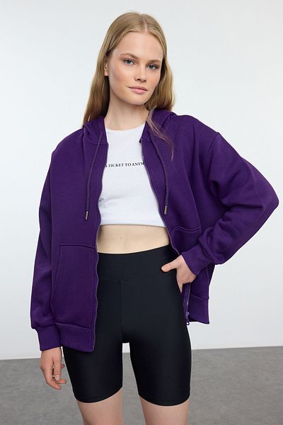 Trendyol Collection Lila Fleece-Kapuzenpullover in Übergröße – mit Reißverschluss, dicke Innenseite TWOAW21sw0840