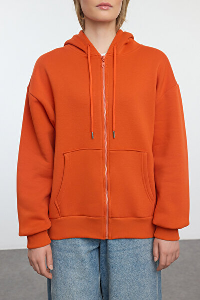 Trendyol Collection Brick Colored Hooded Oversize Zippered Fleece SWeatshirt - TWOAW21sw0840