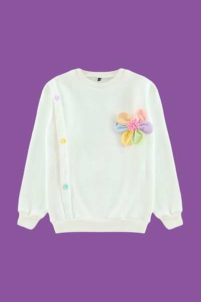 TRENDYOLKIDS Pletená mikina s květinovým vzorem Ecru pro dívky - Tkdaw25Sw00020