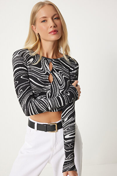 Happiness İstanbul Μαύρο και άσπρο σχέδιο - Λεπτομερής γυναικεία πλεκτά μπλούζα Vn00007