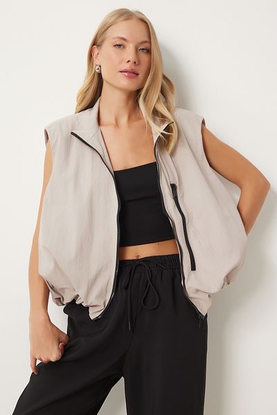 Happiness İstanbul Beige Fallschirmweste – Stehkragen und elastische Taille RG00041