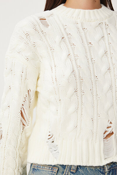 Happiness İstanbul Braided Knitwear Sweater - Women, Bone Ripped Detail, Fn03339