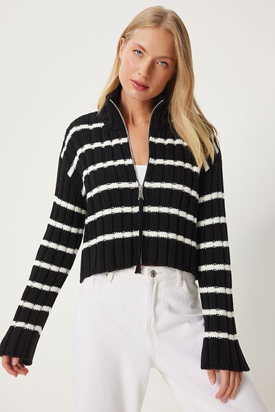 Happiness İstanbul Black Striped Zippered Knitwear Cardigan - Stand Collar Pf00081