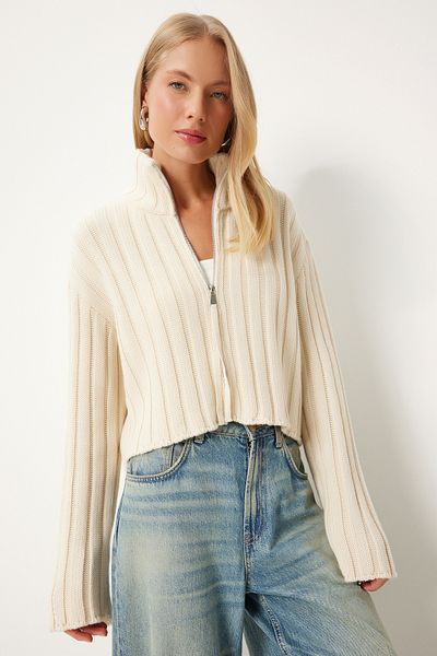 Happiness İstanbul Cream Colored Women's Knitwear Cardigan - Zippered, Stand Collar Pf00080