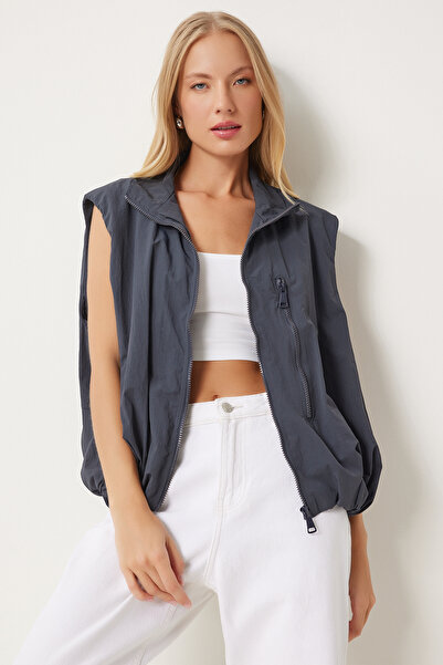 Happiness İstanbul Kadın Füme Dik Yaka Beli Lastikli Paraşüt Yelek RG00041