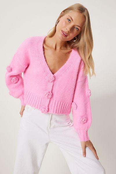 Happiness İstanbul Cardigan tricotaj pentru femei cu pompon roz - PF00078