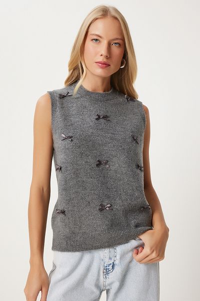 Happiness İstanbul Anthracite Bow Detailed Women's Knitwear Sweater - Pf00079