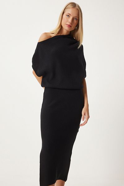 Happiness İstanbul Black One-shoulder Knitwear Blouse and Skirt Set - Fn03355
