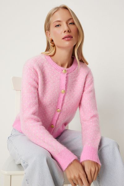 Happiness İstanbul Cardigan roz pentru femei - cu nasturi și textura moale PF00082
