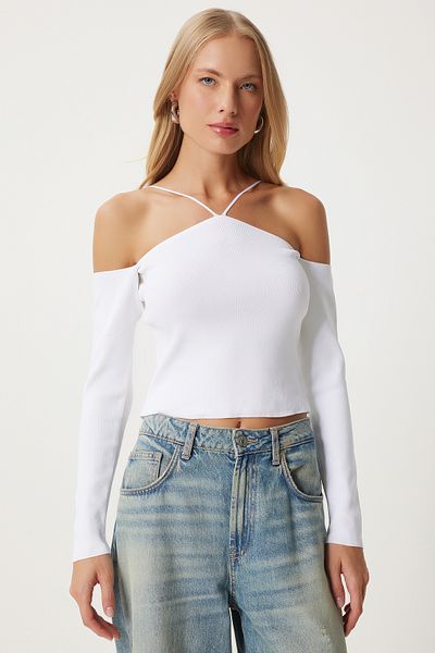 Happiness İstanbul Ecru Women's Knitwear Blouse - Cross String Design Fn03340