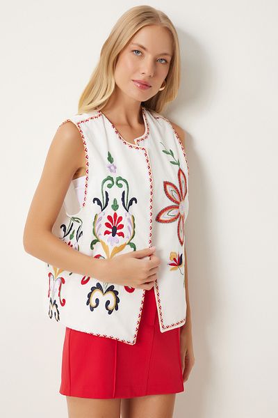 Happiness İstanbul Ecru Leinenweste - Rote Stickereidetails, QS00008