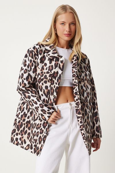 Happiness İstanbul Dámská bunda Puffer s leopardím vzorem černá béžová - Nt00432