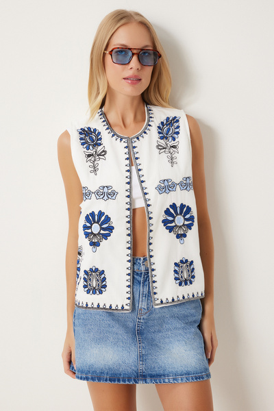 Happiness İstanbul Льняний жилет екрю з синьою вишивкою з детальним описом QS00008
