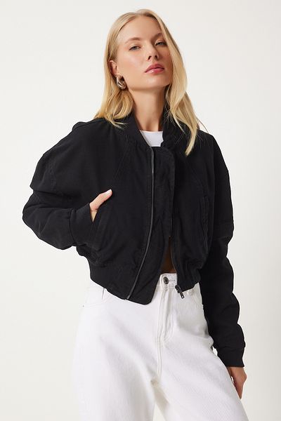 Happiness İstanbul Jachetă neagră pentru femei Crop Bomber - KL00003