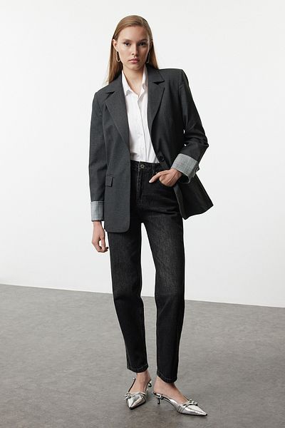 Trendyol Collection Anthracite Cuff Detailed Woven Blazer Jacket Twoaw25Bc00000