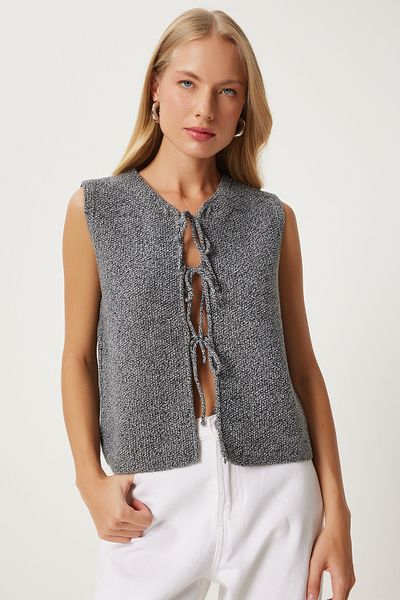Happiness İstanbul Gray Knitwear Women's Vest - Lace-up, Us00923