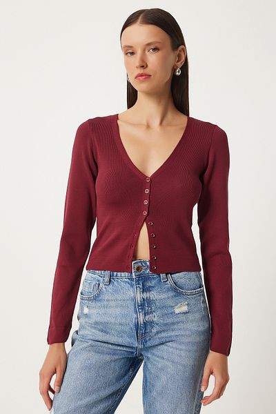 Happiness İstanbul Bordeauxrote Strickjacke für Damen mit V-Ausschnitt - FN03356