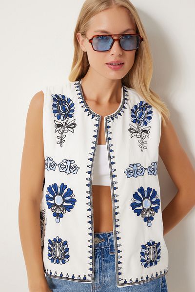Happiness İstanbul Ecru-Leinenweste – Blaue Stickerei, QS00008