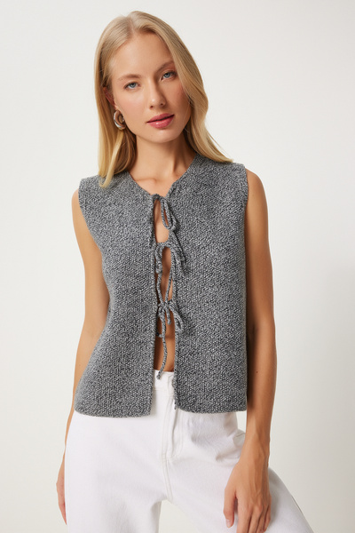 Happiness İstanbul Gray Knitwear Women's Vest - Lace-up, Us00923