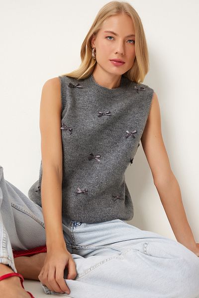 Happiness İstanbul Anthracite Bow Detailed Women's Knitwear Sweater - Pf00079