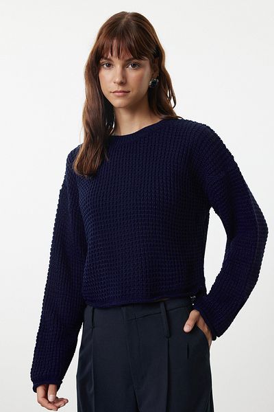 Trendyol Collection Széles szabású sötétkék Crop kötöttáru pulóver - TWOAW23KZ01193