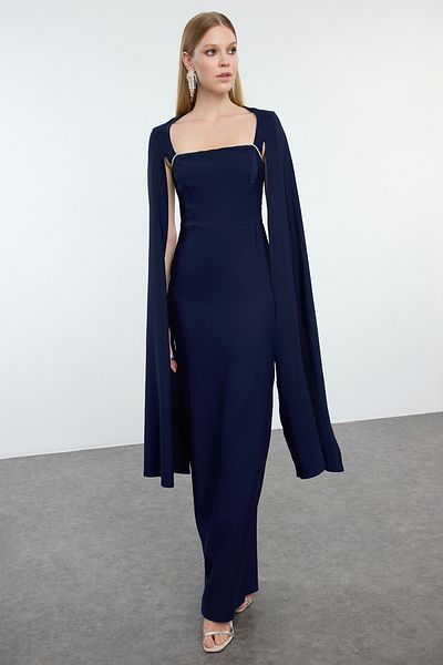 Trendyol Collection Marineblaues, ungefüttertes, gewebtes, langes, stilvolles Abendkleid und Heimkehrkleid TPRAW25AE00012