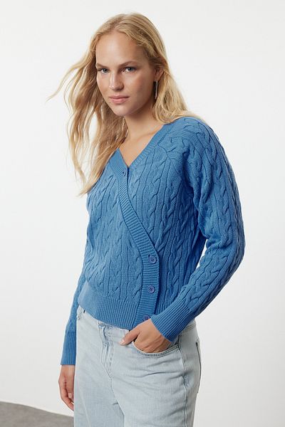 Trendyol Collection Cardigan tricot asimetric - albastru cu detaliu nasturi TWOAW25HI00012