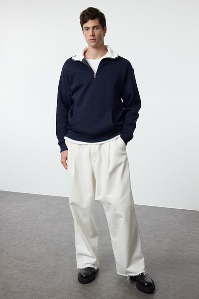 Trendyol Collection Fleecová oversize mikina v námořnické modré - stojáček, zip Tmnaw25Sw00081