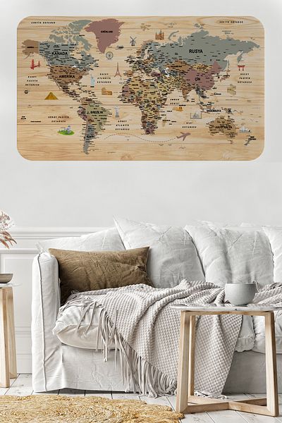 Dropcek eticaret Wooden Look Turkish Educational Detailed Atlas World Map Wall Sticker-85x130-3844