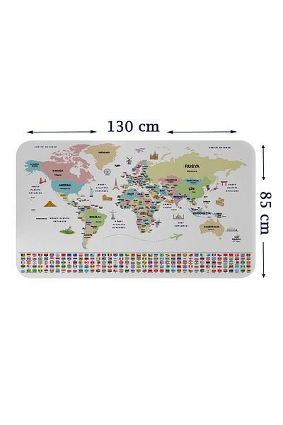 Dropcek eticaret Turkish Country with Flag - Educational Capital Detailed World Map Wall Sticker - 85x130-3859
