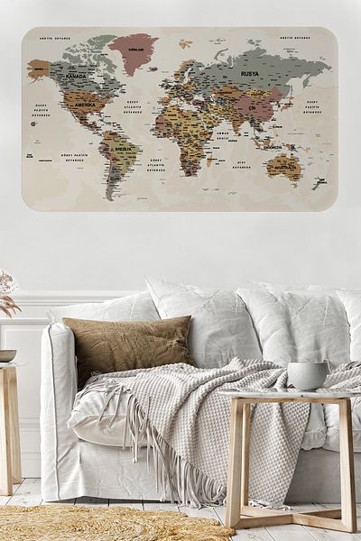 Dropcek eticaret World Map Wall Sticker - Turkish Educational, Country and Capital Ocean Detailed, 85X130-3838