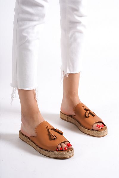 Mubiano 605-tb Genuine Leather Tasseled Tan Women's Espadrille Slippers