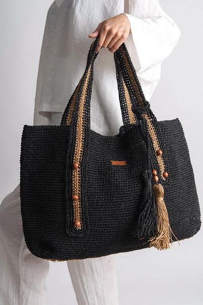 Mubiano Καλοκαιρινή μακριά τσάντα Raffia Black Daily & Beach -MSLY1500-S