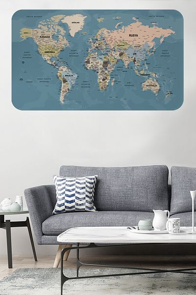 Dropcek eticaret World Map Wall Sticker - Turkish Educational, Country and Capital Ocean Detailed, 85x130-3836