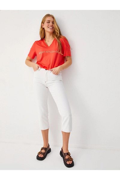 Faik Sönmez U68467 - Ecru Straight Fit Jean Capri with Contrast Stitching Detail