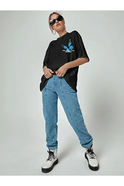 Genel Markalar Kadın Kelebek Baskılı Siyah Oversize T-shirt