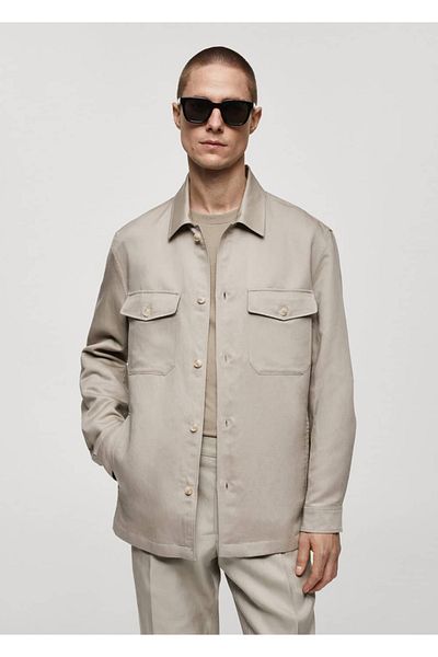 MANGO Man Leinenhemdjacke mit Taschen