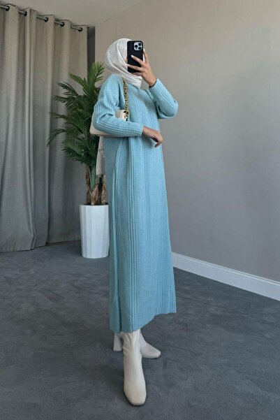 Şule Giyim فستان تريكو أزرق مضلع