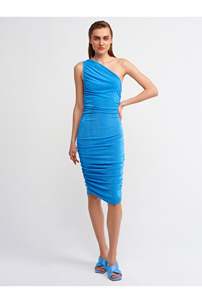 Dilvin 90329 Tek Omuz Büzgülü Elbise-mavi