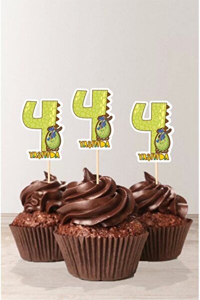 neşeli günlerim زينة كب كيك بتصميم ديناصور بعمر 4 سنوات - عبوة من 10 قطع