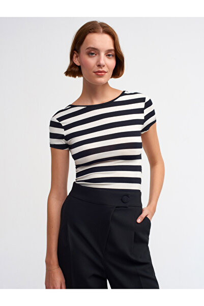 Dilvin 30410 Модель Біла смугаста футболка з деталями на спині - S
