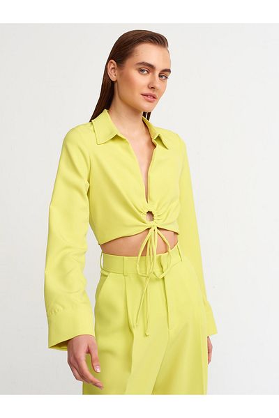 Dilvin 50117 Ring Detailed Crop Shirt-lime