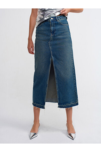 Dilvin 80555 Alt Bölümü İzli Uzun Denim Etek-Tint