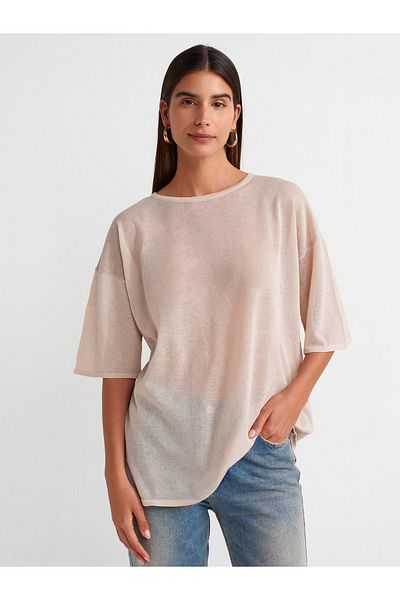 Dilvin 10550 Crew Neck Κοντό μανίκι Διάφανη Μπλούζα-μπεζ