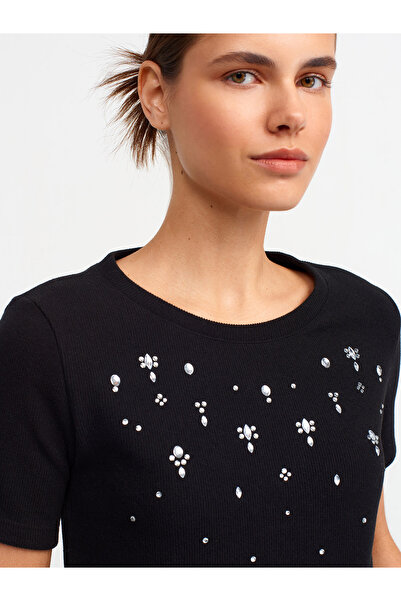 Dilvin 30897 Parlak Taşlı T-shirt-Siyah