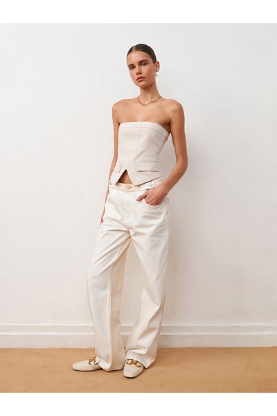 Dilvin 71444 Double Color Cotton Denim Trousers with Epaulettes on the Side - White