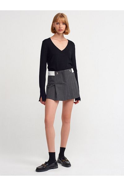 Dilvin 80792 Pleated Curved Belted Skirt-Anthracite
