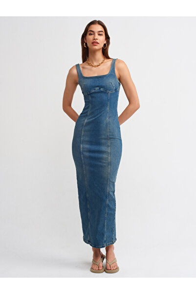 Dilvin 90512 Stretch Denim Long Dress-Tint
