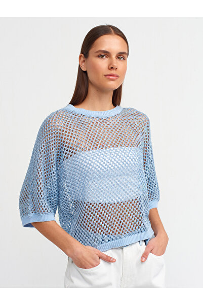 Dilvin 10539 Bisiklet Yaka Ajurlu Kısa Kol Kazak-Mavi